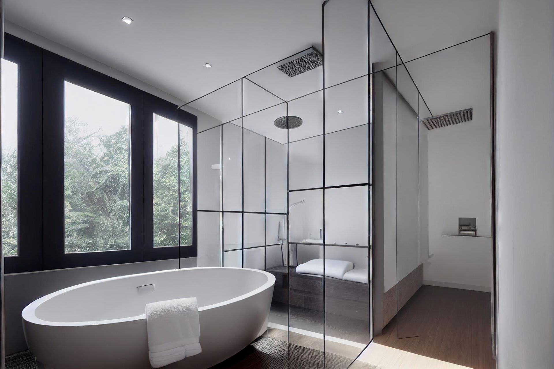 modern bathroom interior with large windows
