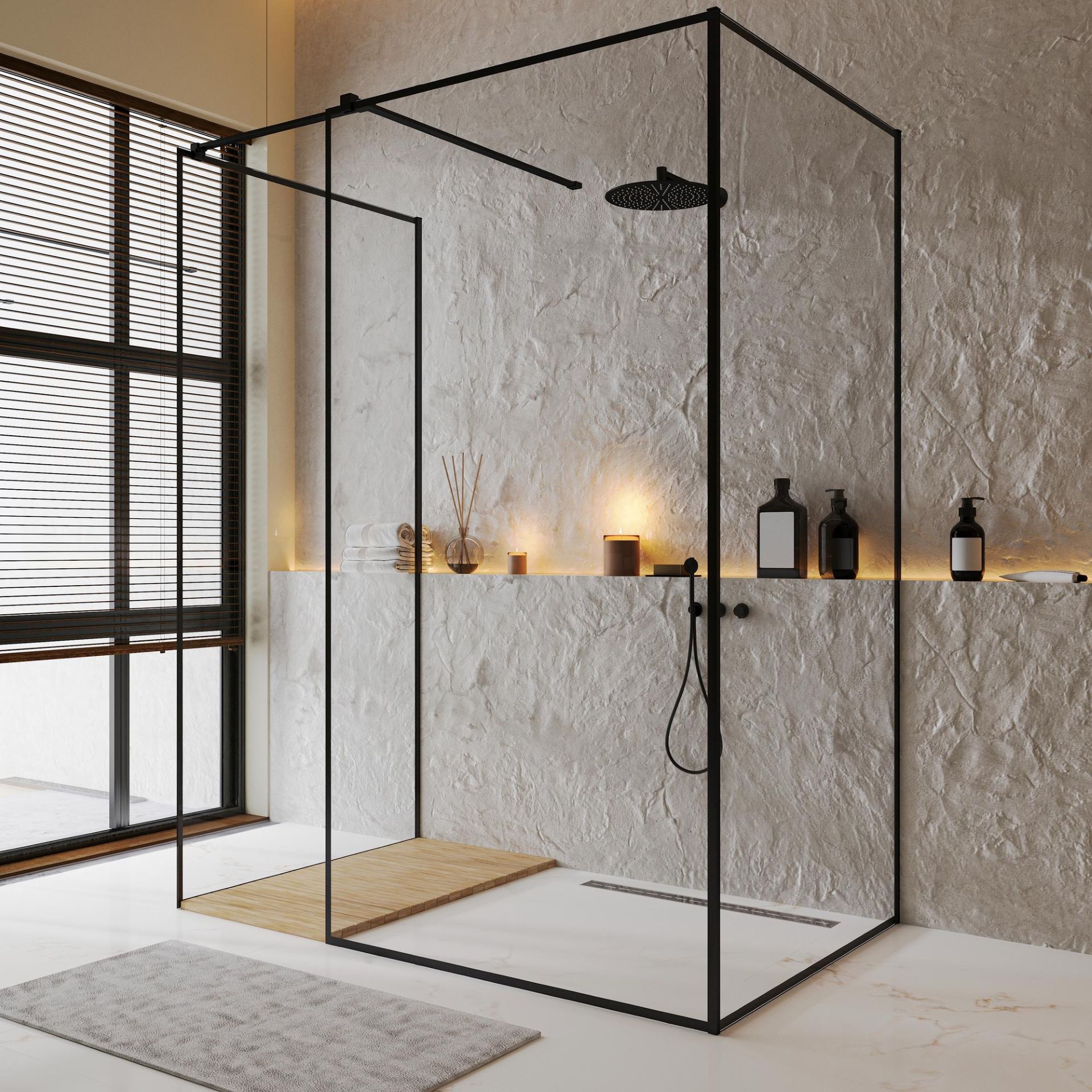 shower cabin luxury contemporary bathroom interior with decorative walls tile floor shelf with cove light bath accessories 3d rendering